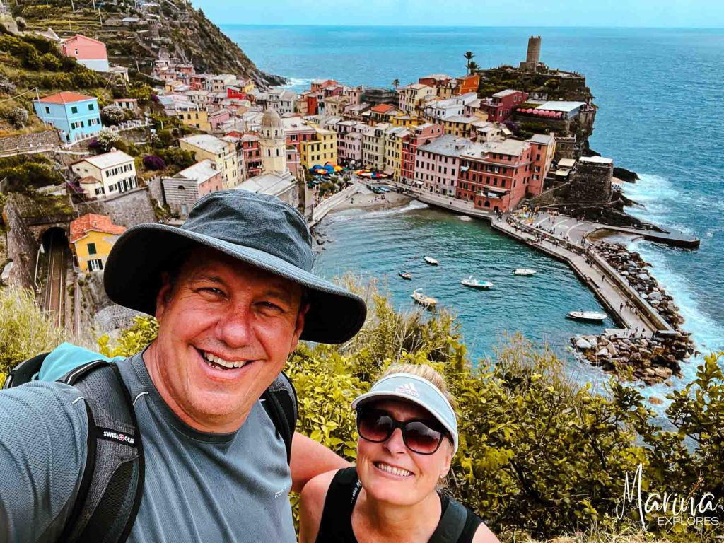 Hike trail, looking south to Vernazza, Cinque Terre, Italy