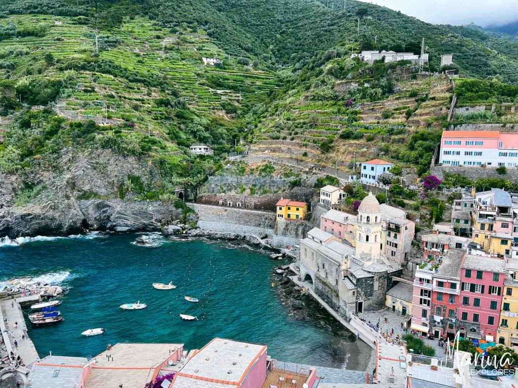 View of harbor from Castello Doria Vernazza, Cinque Terre, Italy