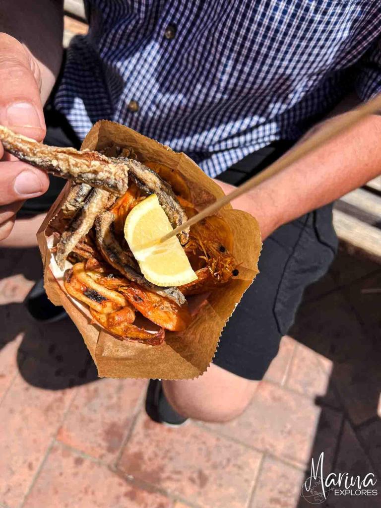 Fried cone of seafood (frutti di mare) in Manarola, Cinque Terre, Italy