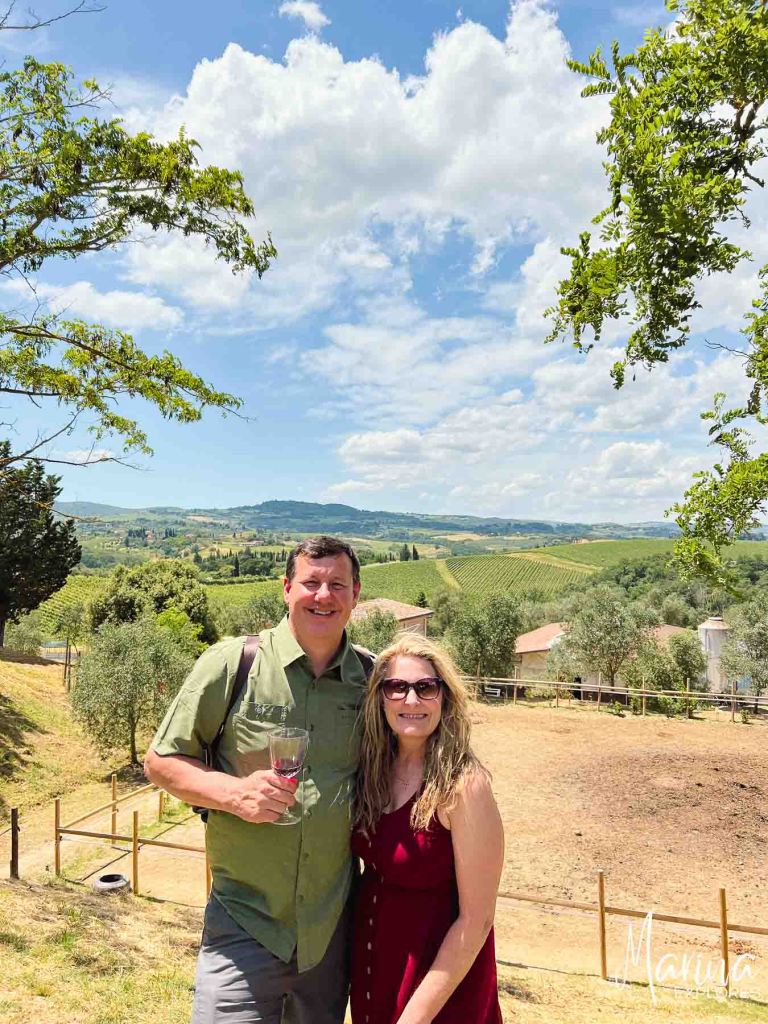 Marina and husband at lunch on an organic farm during day trip from Florence, Italy