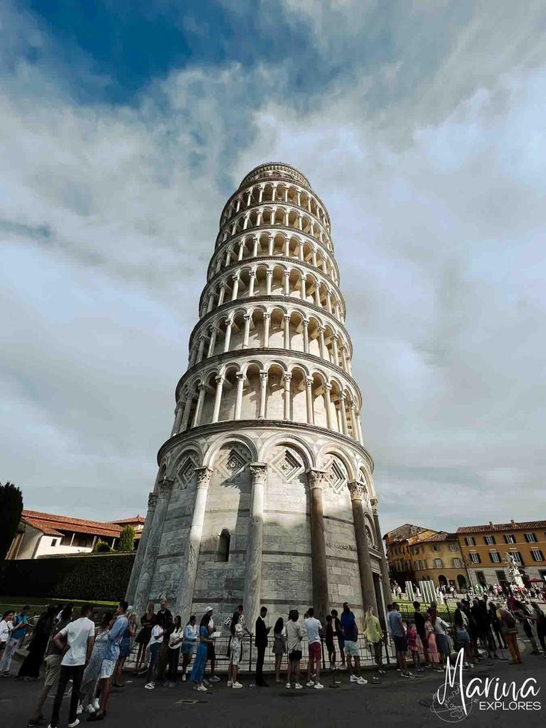 Looking upward at tower of Pisa near Florence, Italy