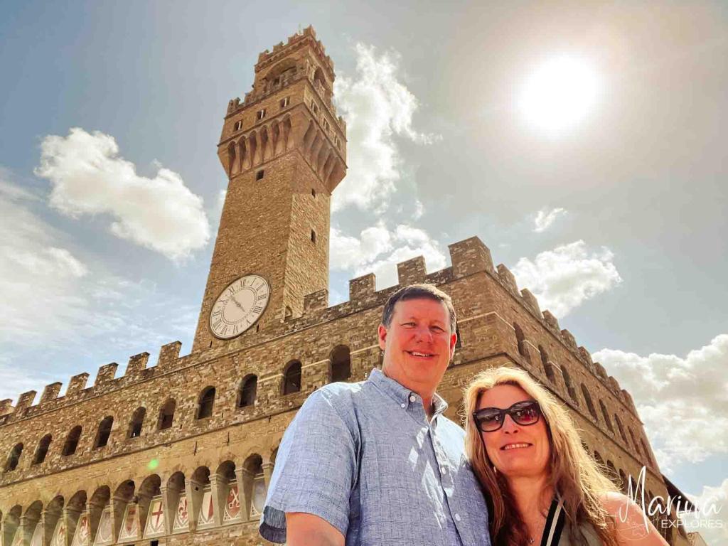 View of clocktower from Uffizi Gallery in Florence, Italy