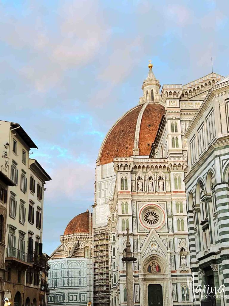Exterior of the Duomo at sunset in Florence, Italy