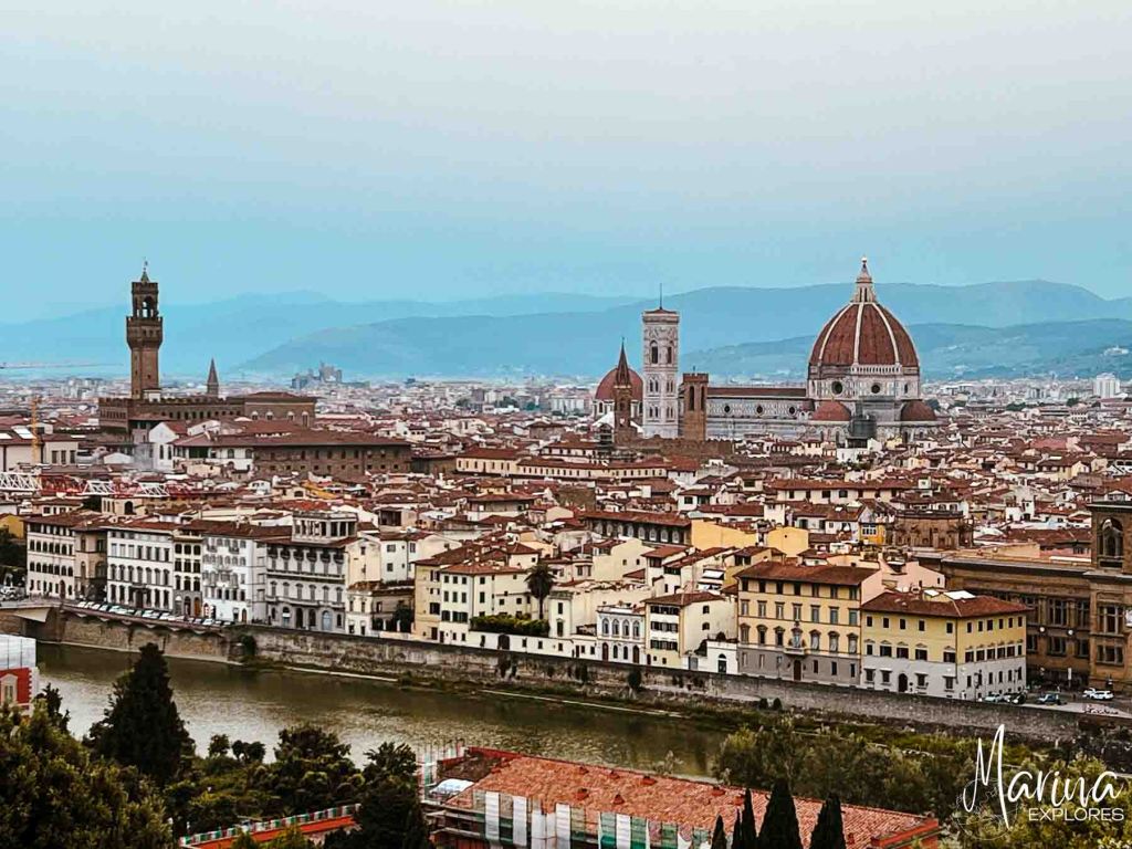 View of Duomo and city skyline from Piazzale Michelangelo in Florence, Italy
