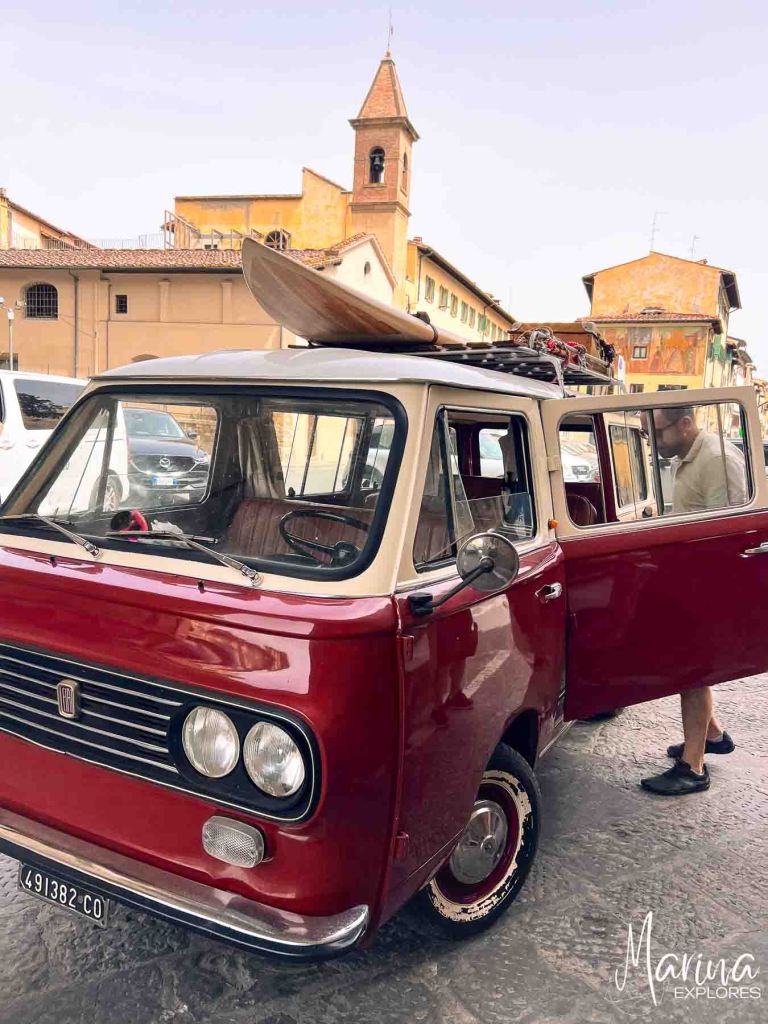 Red van ride to cooking class in Florence, Italy