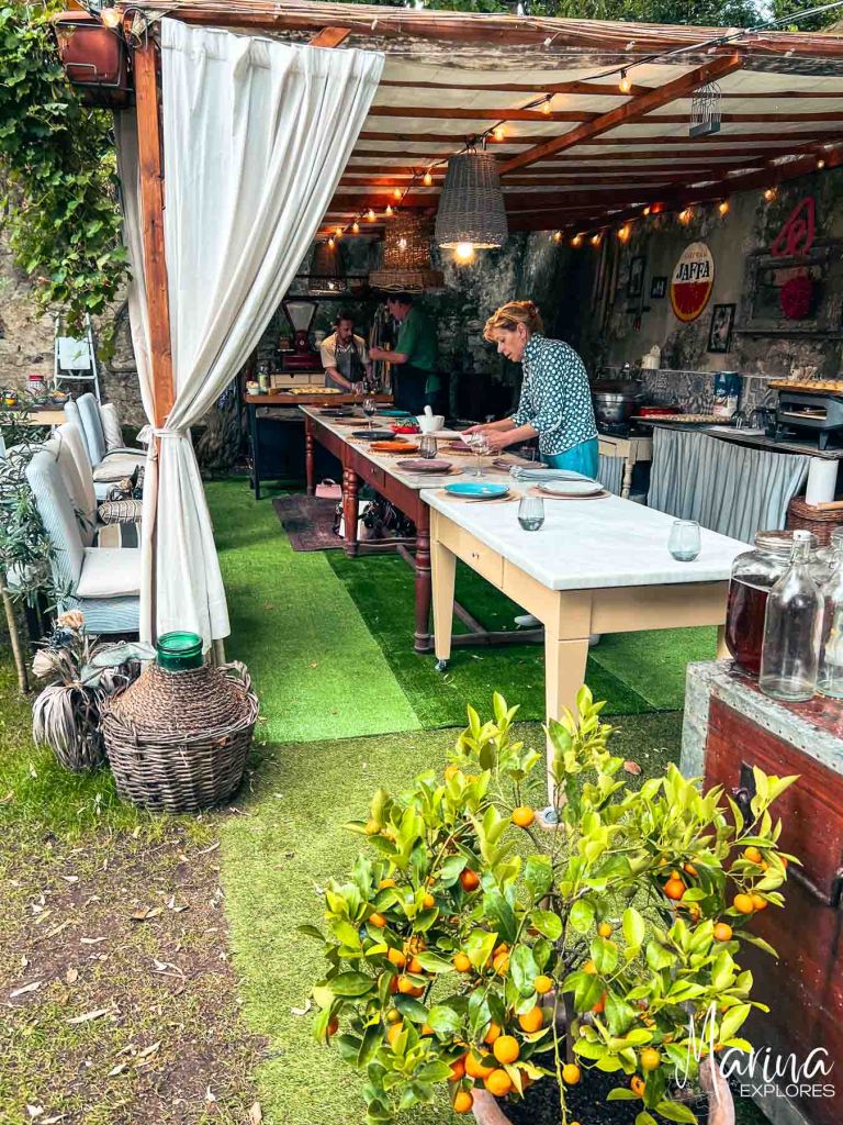 Table in garden in cooking class in Florence, Italy
