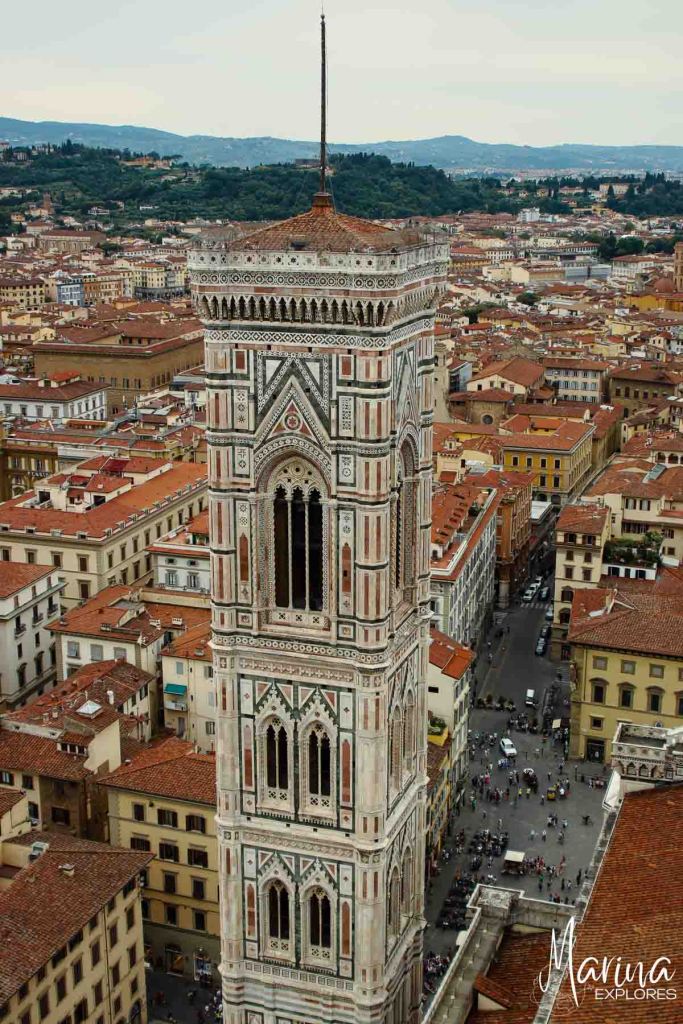 View of Bell Tower from top of Duomo in Florence, Italy