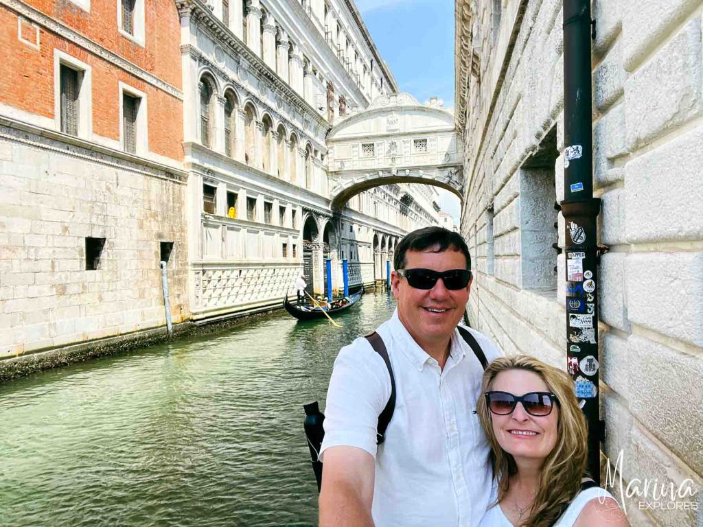 Bridge of Sighs, gondola in view, Venice, Italy