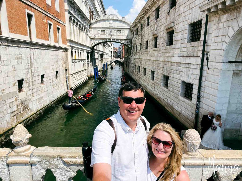 Bridge of Sighs, gondola in view, Venice, Italy