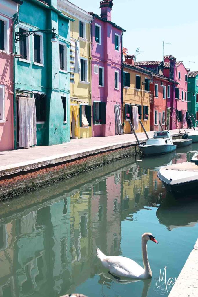 Colorful houses along small canal on Burano Island Venice, Italy
