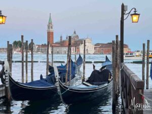 Gondolas on lagoon at blue hour Venice, Italy
