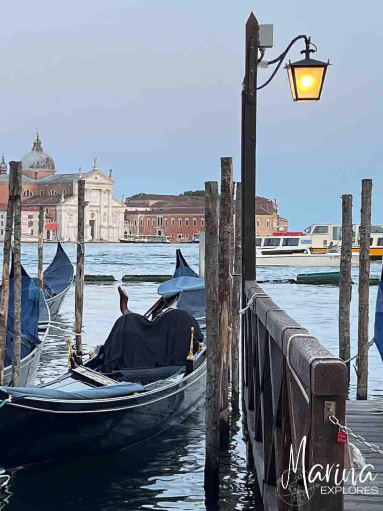 Gondolas on lagoon at blue hour Venice, Italy