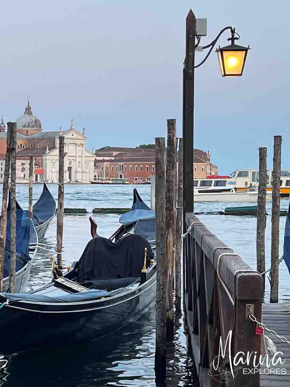 Gondolas on lagoon at blue hour Venice, Italy