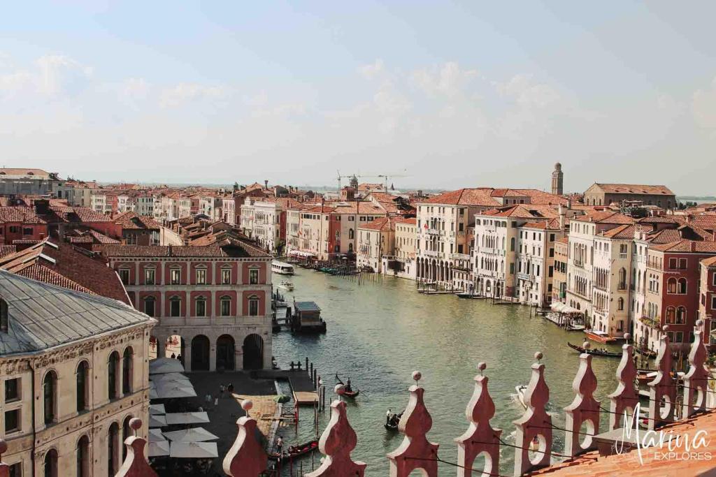 View of Grand Canal from rooftop terrace looking towards stain station Venice, Italy